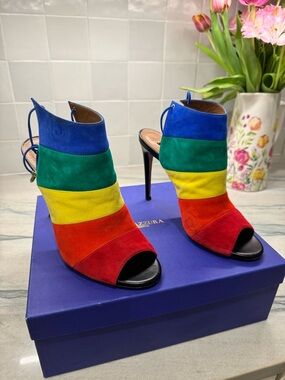 Aquazzura Rainbow Suede Peep-Toe High Heel Booties Heels
